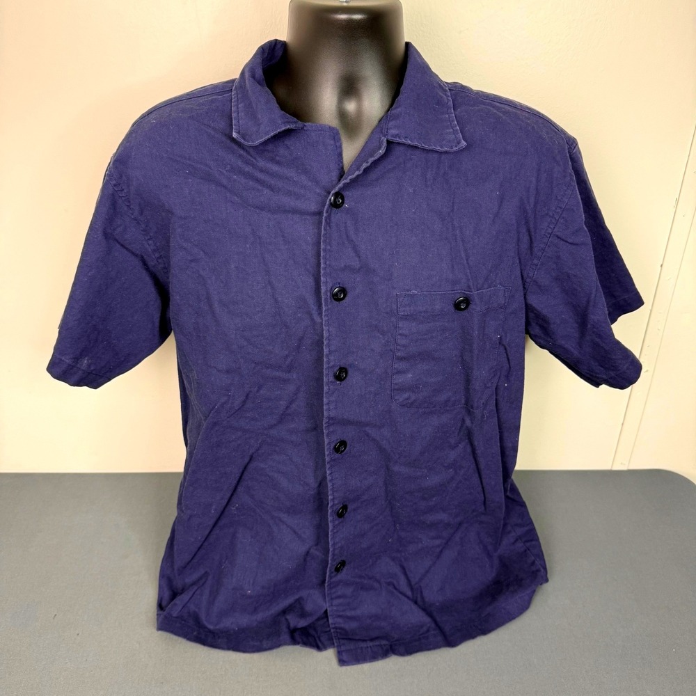 Five Four Shirt Mens Medium Navy Blue Linen Blend Short Sleeve Button Up Casual